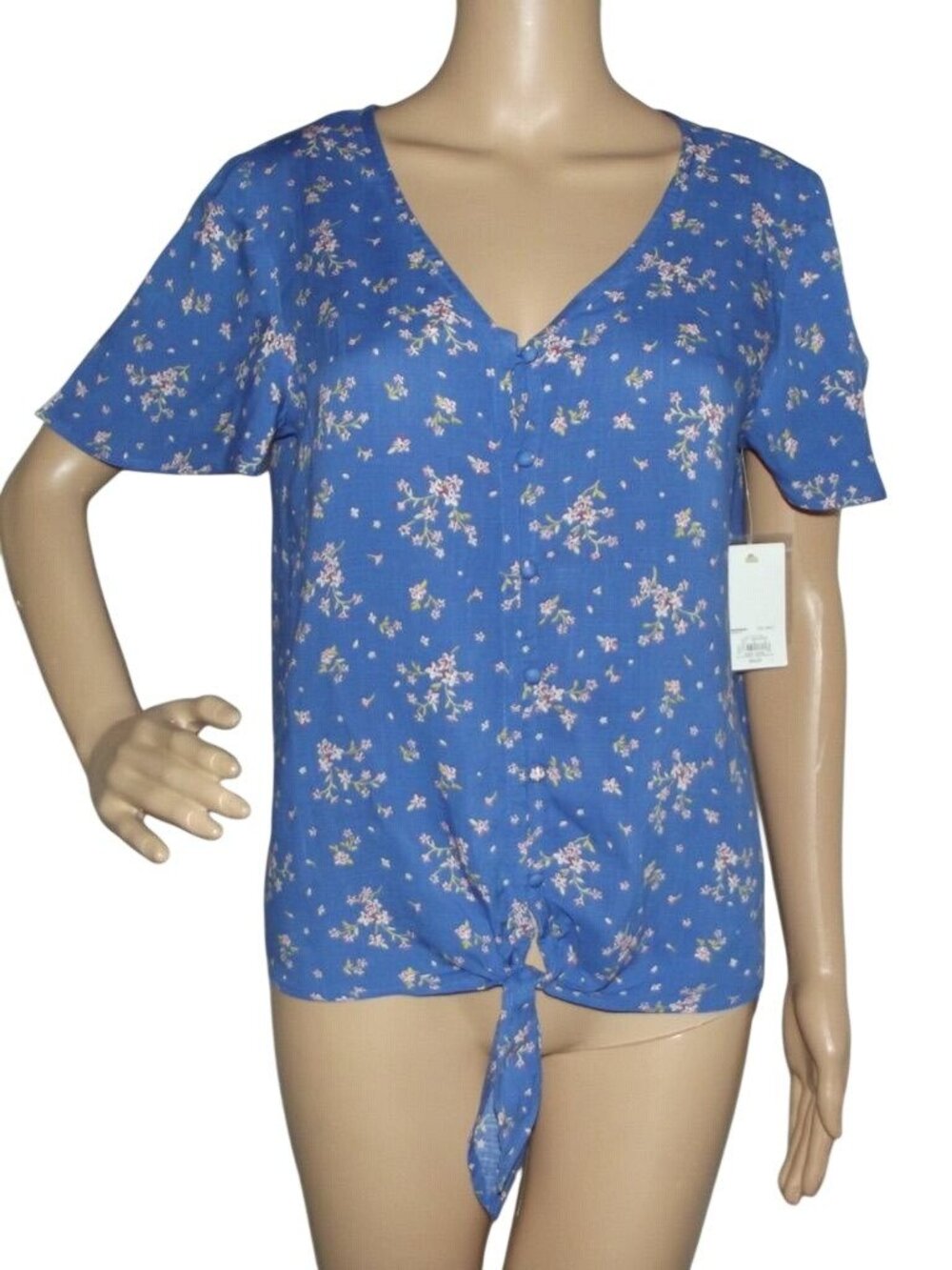 SO Button Down Tie Shirt Womens Size Small blue floral v-neck short sleeve ditzy
